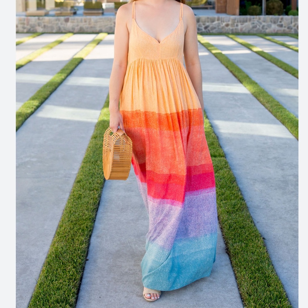 Anthropologie Carla Weeks Setting Sun rainbow sunset tiered maxi dress, 6P. - Picture 1 of 10